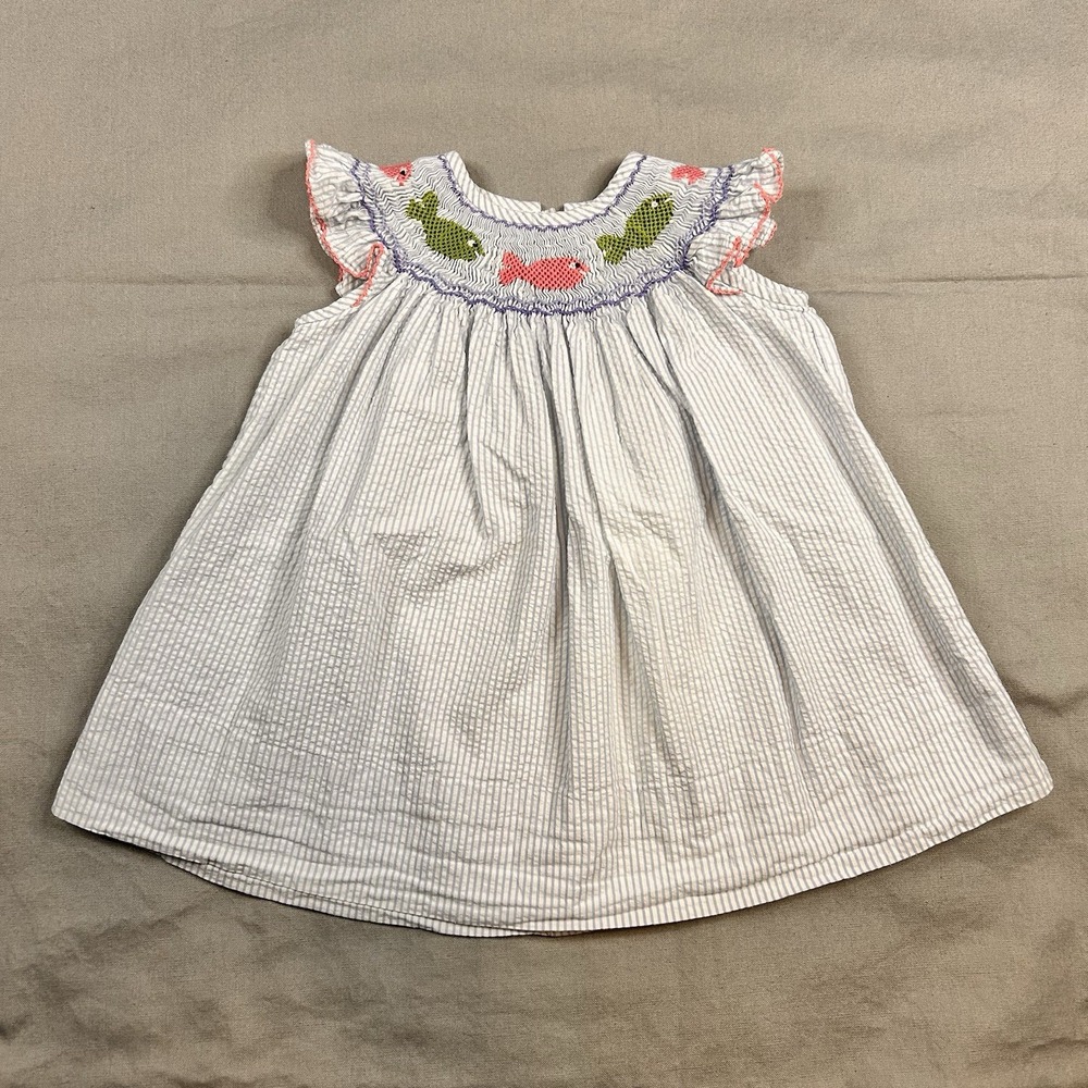 Velani Classics  Baby Girl Seersucker Stripe Dress 9 mo  Smocked Fish Nautical